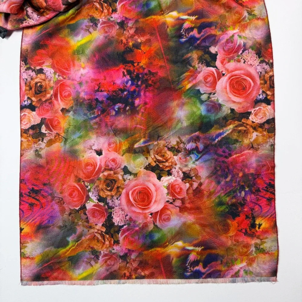 Artsy Psychedelic Floral Women Scarf Wrap Multicolor Silk Wool Acrylic Blend